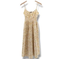 J.Crew Smocked-Waist Pleated Dress 2Yellow Floral Midi Cottagecore Prairie Tea