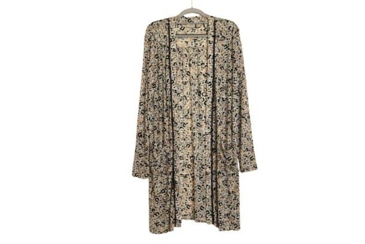 LOGO by Lori Goldstein Animal Print Sheer Mesh Cardigan Lace Trim Gray Size L