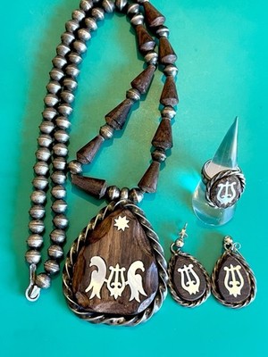 Rare B. Piaso Sterling Silver Wood Mother Of Pearl Necklace Earrings & Ring Set