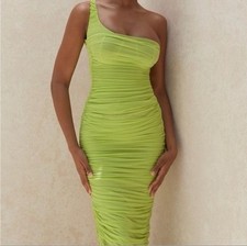 HOUSE OF CB Nia Acid Green Ruched Corseted Midi Dress Size XS