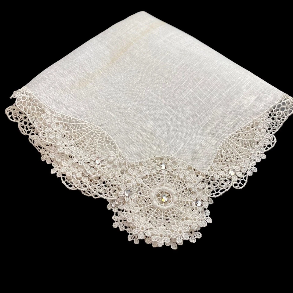 Vtg Hanky Handkerchief Cream Linen Lace Edge with Prong Set Rhinestones - Image 2 of 4