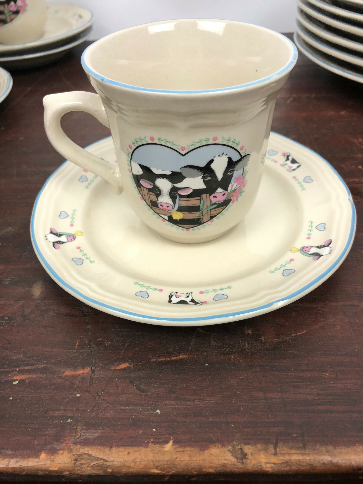 Lot of 8 Tienshan Stoneware Buttercup Cow & Hearts 2 Piece Cup & Saucer