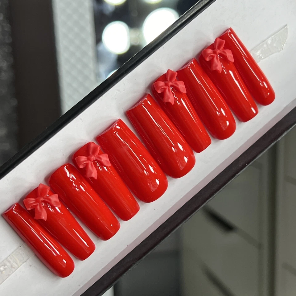 🔥CUSTOM Gel Press On Nails, CLASSIC RED BOW, 10p set FULL SET W Kit LONG SQUARE - Image 4 of 4
