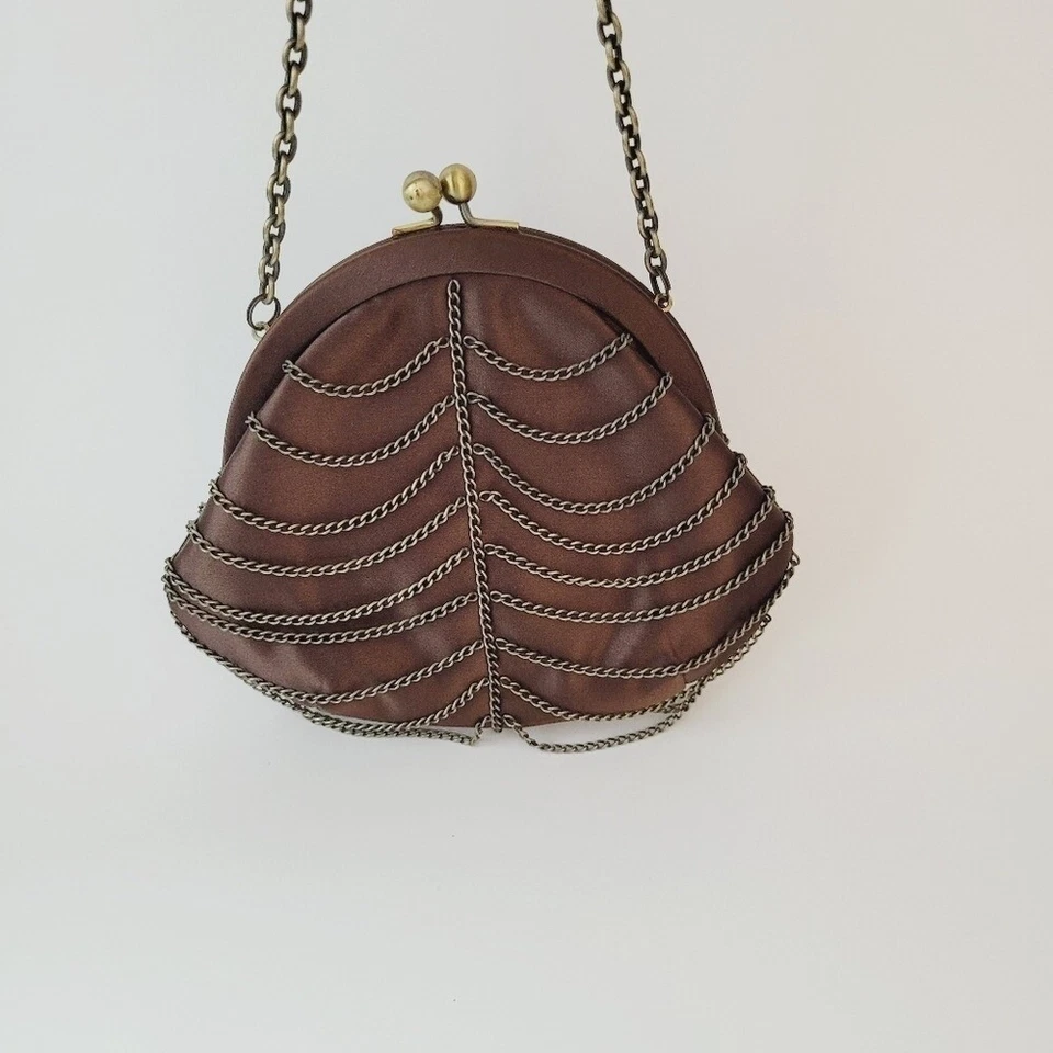 BCBG Maxazria Chocolate Brown Satin Caged Chain Clutch Evening Bag - Image 4 of 4
