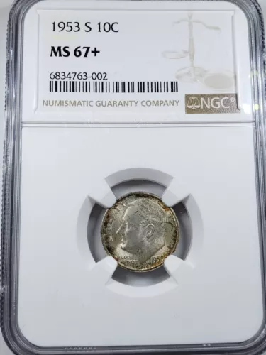  1953-S NGC MS67+ Roosevelt Dime 10c plus grade reverse toned 