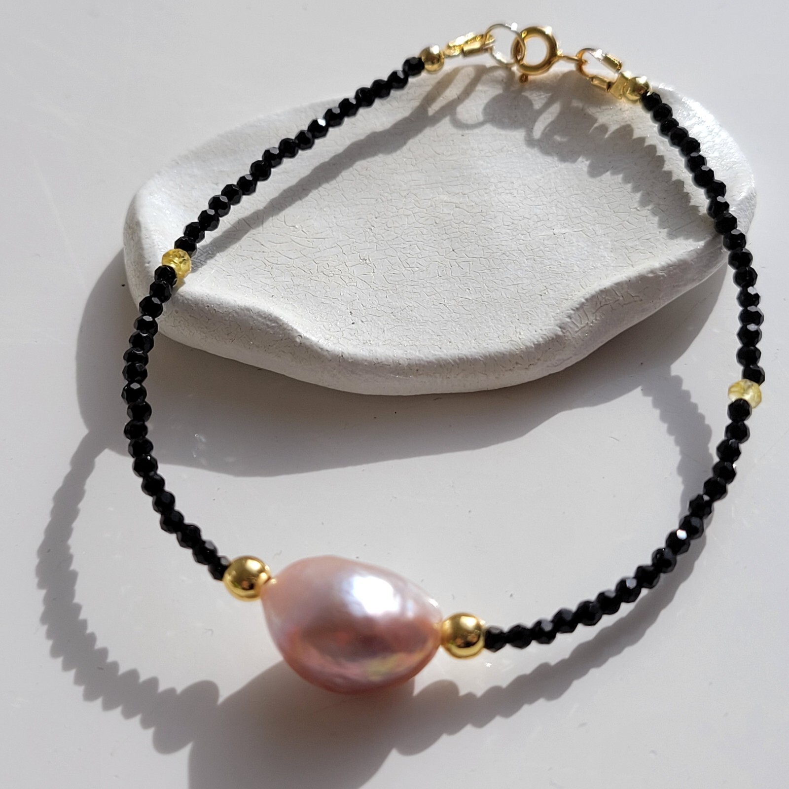 Bracelet argent pl or perle de culture véritable saphir jaune et spinelle femme