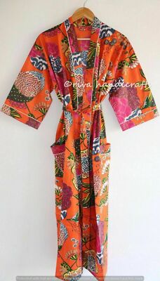 Indian Orange Tropical Print Beach Cover Gown hippie Sleepwear Kimono Bath Robe
