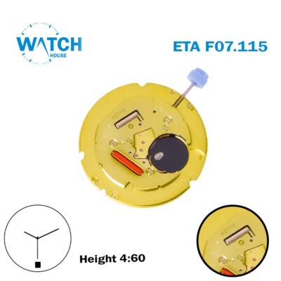 ETA F07.115 Swiss Watch Movement, White Date Disk at 6, 3 Hands, Height 4.60