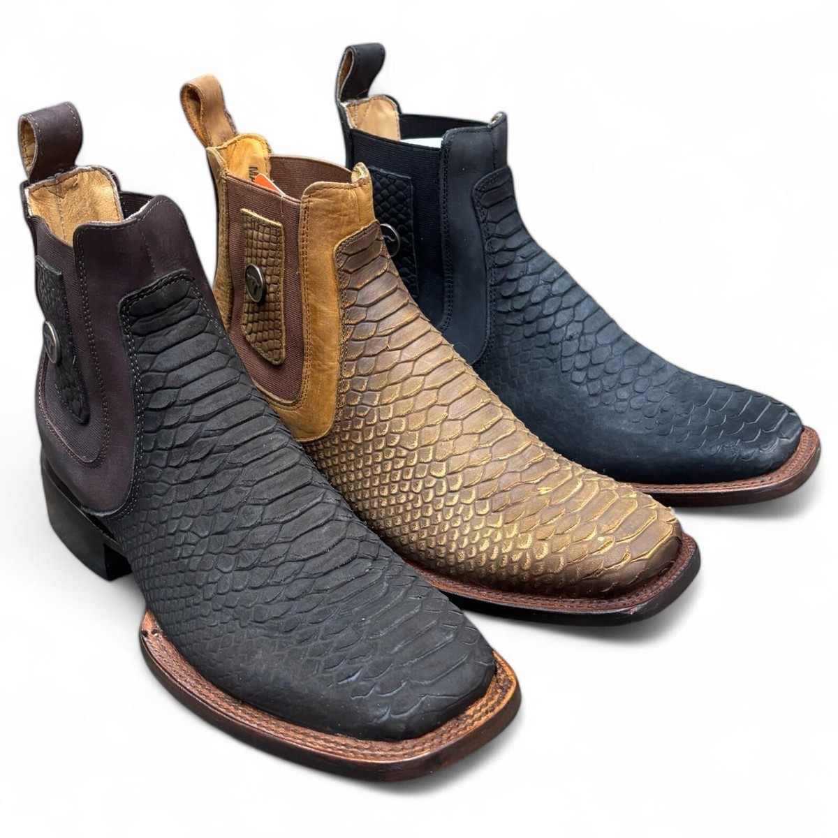 Men's Western Cowboy Ankle Boot Square Toe Python Print Botin Vaquero Rodeo