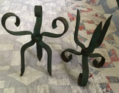 VTG. Two 6  Cast Iron Outdoor Flower Stands /w anchors to hold them in place