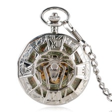 Silver Hollow Spider Mens Mechanical Hand Wind Pocket Watch Roman Numerals Chain