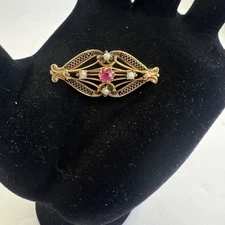 Antique Ostby & Barton 14k Yellow Gold Ruby & Pearl Art Deco Pendant 2.6 Grams