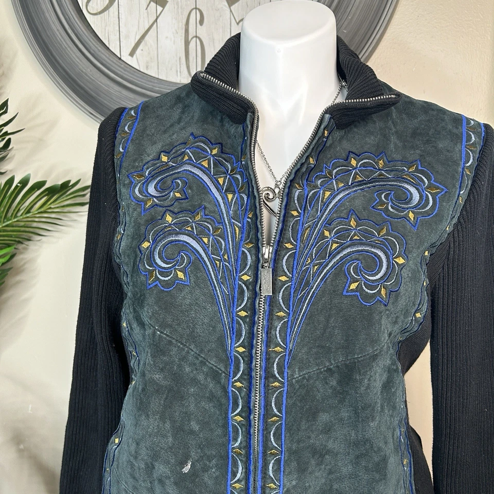 Chaqueta De Colección Bob Mackie Usable Arte Bordado Cuero Gamuza Para Mujer’s XL Foto 2 de 4
