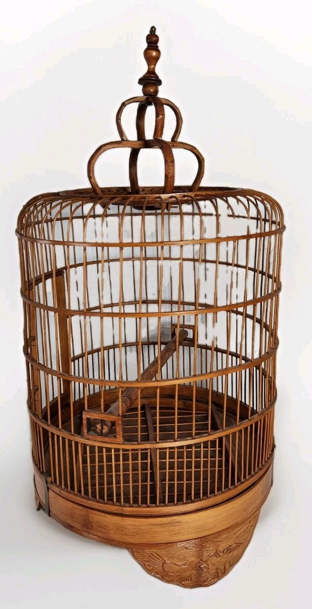 VTG Bamboo & Teak Bird Cage 24" Round Carved Asian Chinoiserie Double Loop BOHO