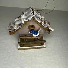 Vintage Midwest Made in Taiwan Wood Ornament Bird House W Bluebird & Snowy Roof