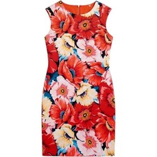 T Tahari Sheath Dress Womens 14 Red Orange Poppy Sleeveless Scuba Knee Length