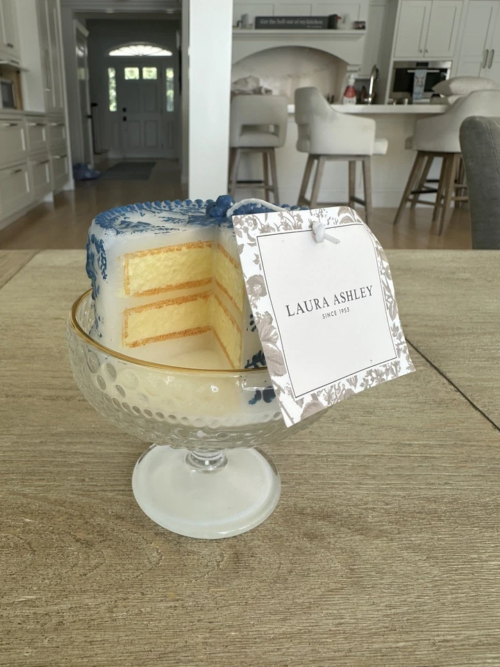 New Laura Ashley Blue White Toile Chic Decorative Floral Cake Scented Candle - Image 4 of 4