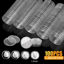 100 Pcs 31 Mm Silver Gold Coin Cases Capsules Holder Clear Plastic Round Storage