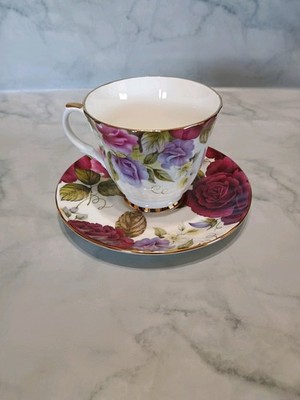 Duchess Teacup and Saucer set with Purple Floral Pattern and Gold Leaf Trim