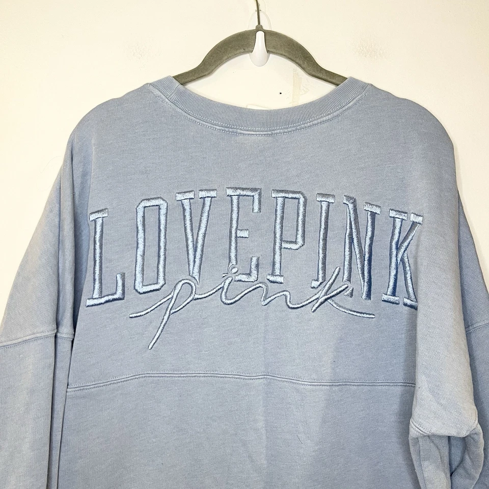 PINK Victoria Secret Sweatshirt S Embroidered Light Blue Solid Crew EUC - Image 4 of 4