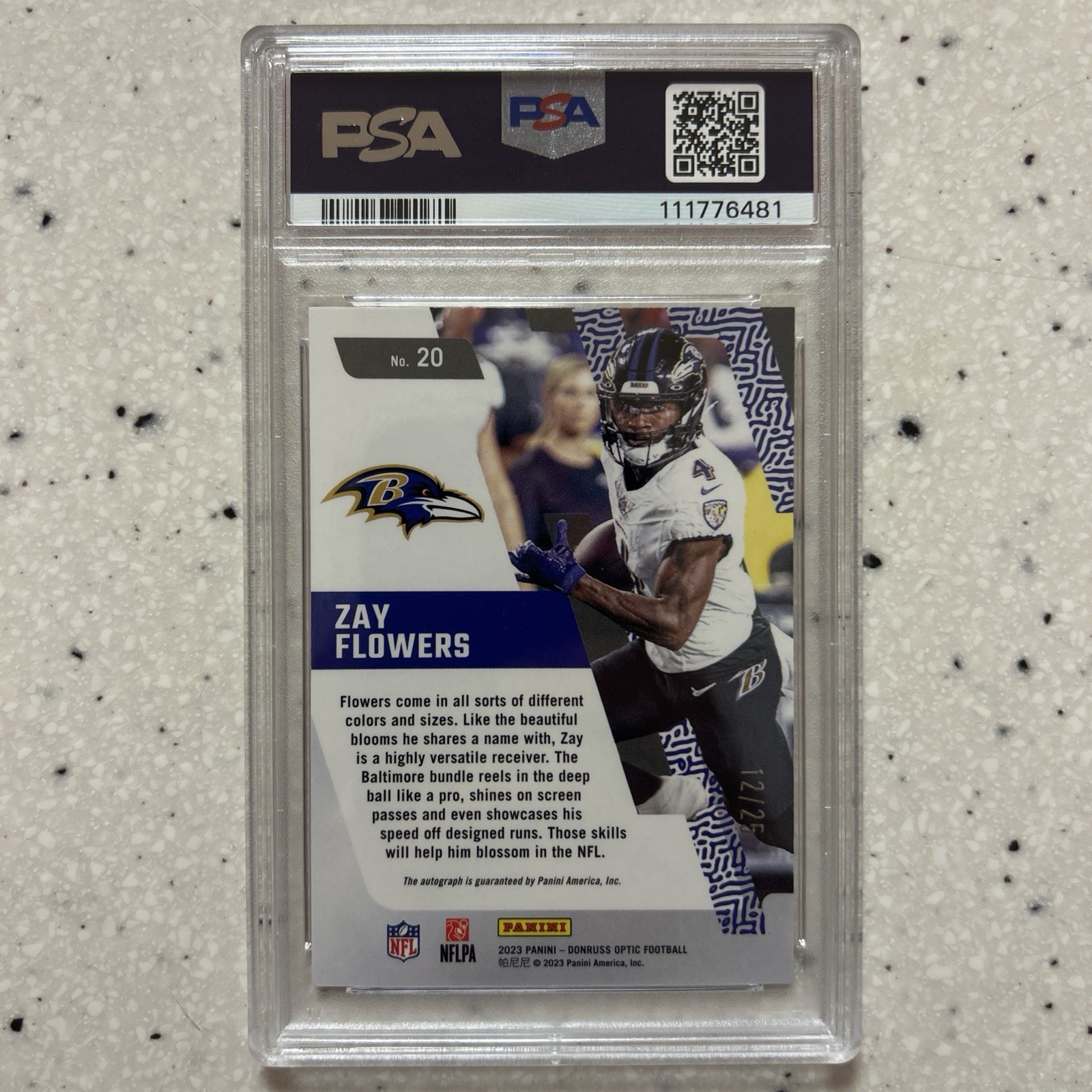 2023 Donruss Optic Zay Flowers Rookie Auto/25 PSA 8 view 2