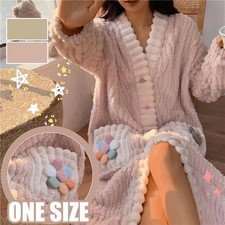 Ladies Dressing Gown Robe Fleece Cute Soft Cosy Button Long Sleeve With  Pocket~