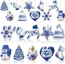 40 Pieces Christmas Chinoiserie Ornaments Blue and White Porcelain Wood