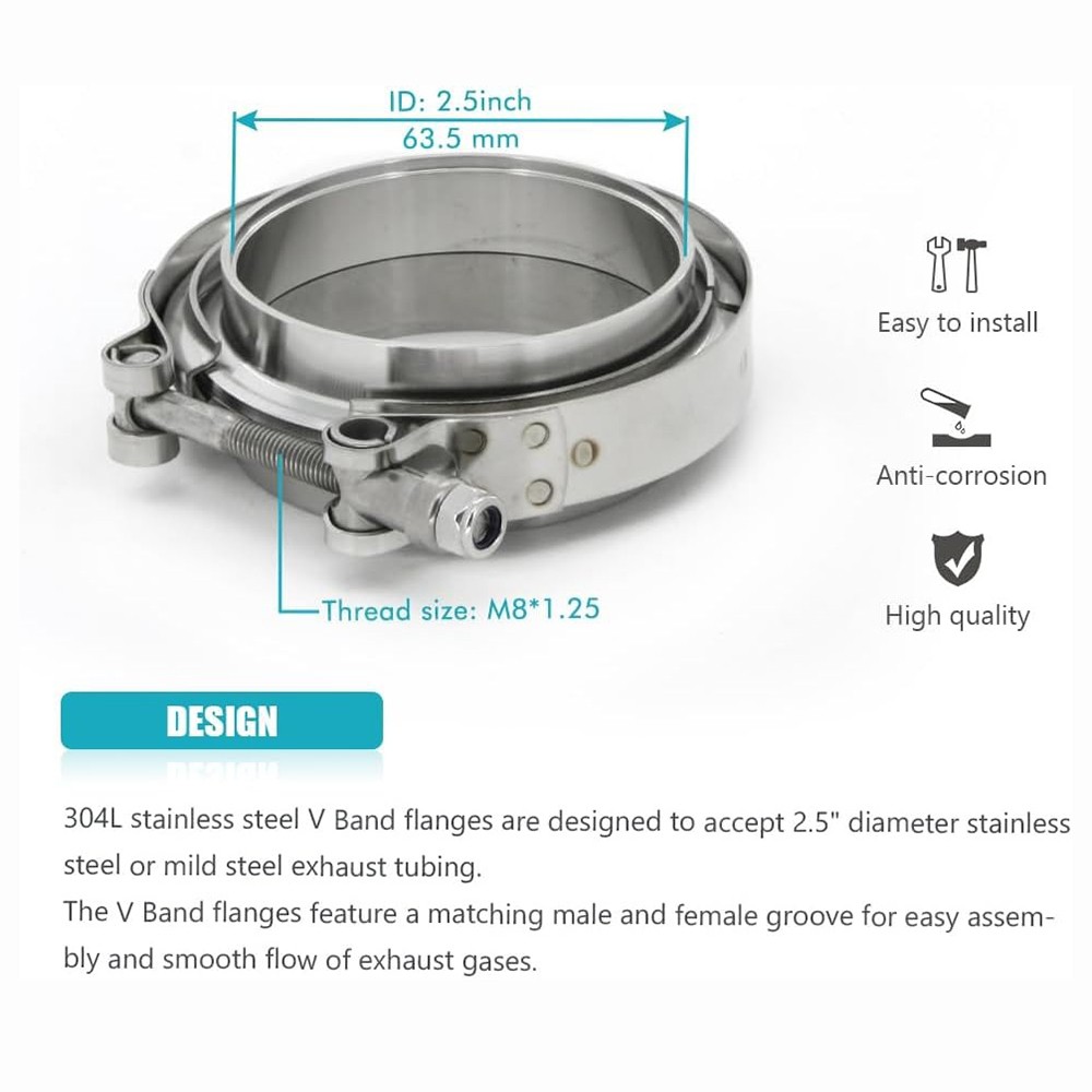 2 X 2.5" V-Band Flange & Clamp Kit for Turbo Exhaust Pipes Stainless Steel