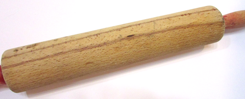 Old 1940s Solid Wood 10" Long Vintage 2" dia Round Rolling Pin Faded Red Handles - Picture 4 of 8