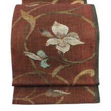 Japanese Kimono Fukuro obi excellent item flowers gold thread reddish brown six