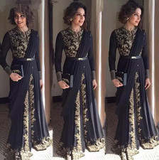 Elegant Split Front Black Evening Formal Dresses Arabic Indian Moroccan Kaftan