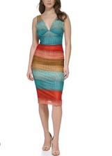Guess Women's Striped Open-Stitch V-Neck Sleeveless Bodycon Midi Dress Size 8