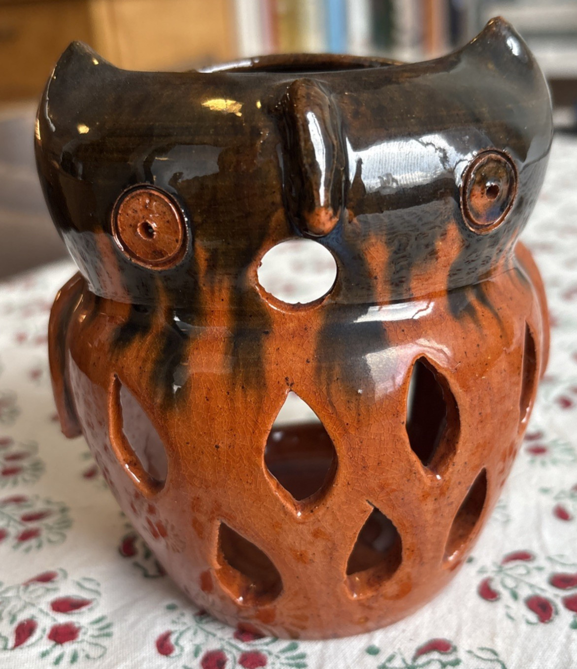 North Carolina NC Pottery Carved Owl Candle Lantern Tea Ligh