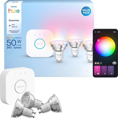 Philips Hue Essential Kit: Bridge + 3 Essential GU10 smarte Lampen Starterset