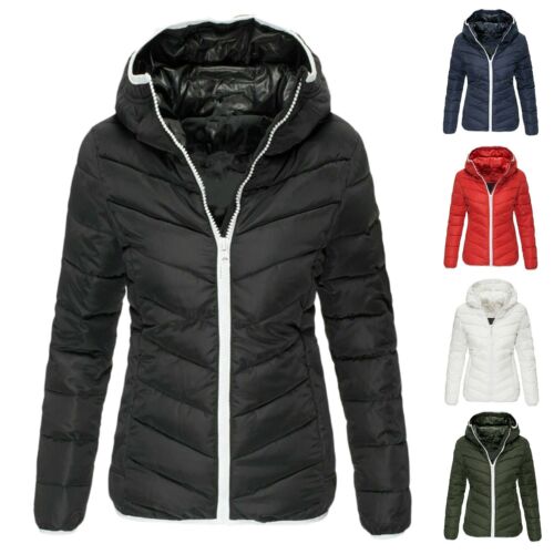 Women's Quilted Jacket Hooded Cotton Coat Long Sleeve Solid Color Winter Jackets - Picture 1 of 23