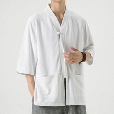 Camicia Tang Casual In Cotone E Lino Per Uomo, Con Bottoni A Rana, Manica 3/4