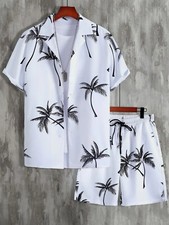 Casual Hawaiian Suit Men's 3D Print Shirt Sets Beach Coconut Tree Plaid, Lapel,