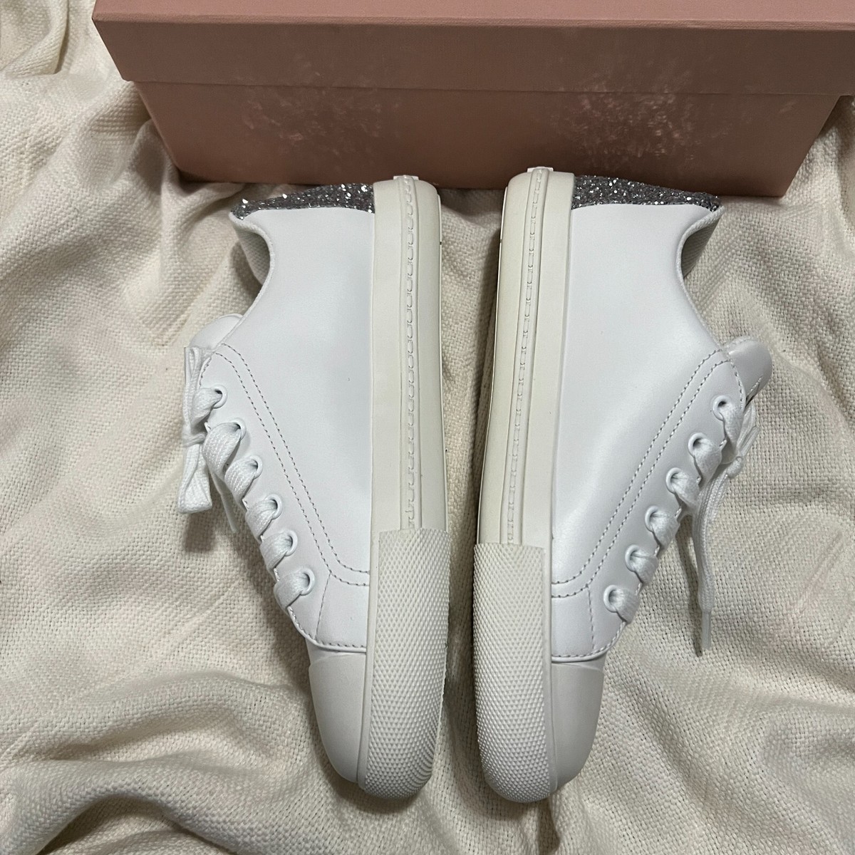 MIU MIU White Leather Silver Glitter Back Low-Top Women's