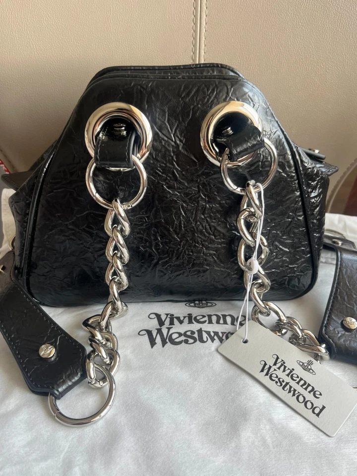 Vivienne Westwood Big Orb 2Chain Strap Black Leather Shoulder Bag - Image 4 of 4