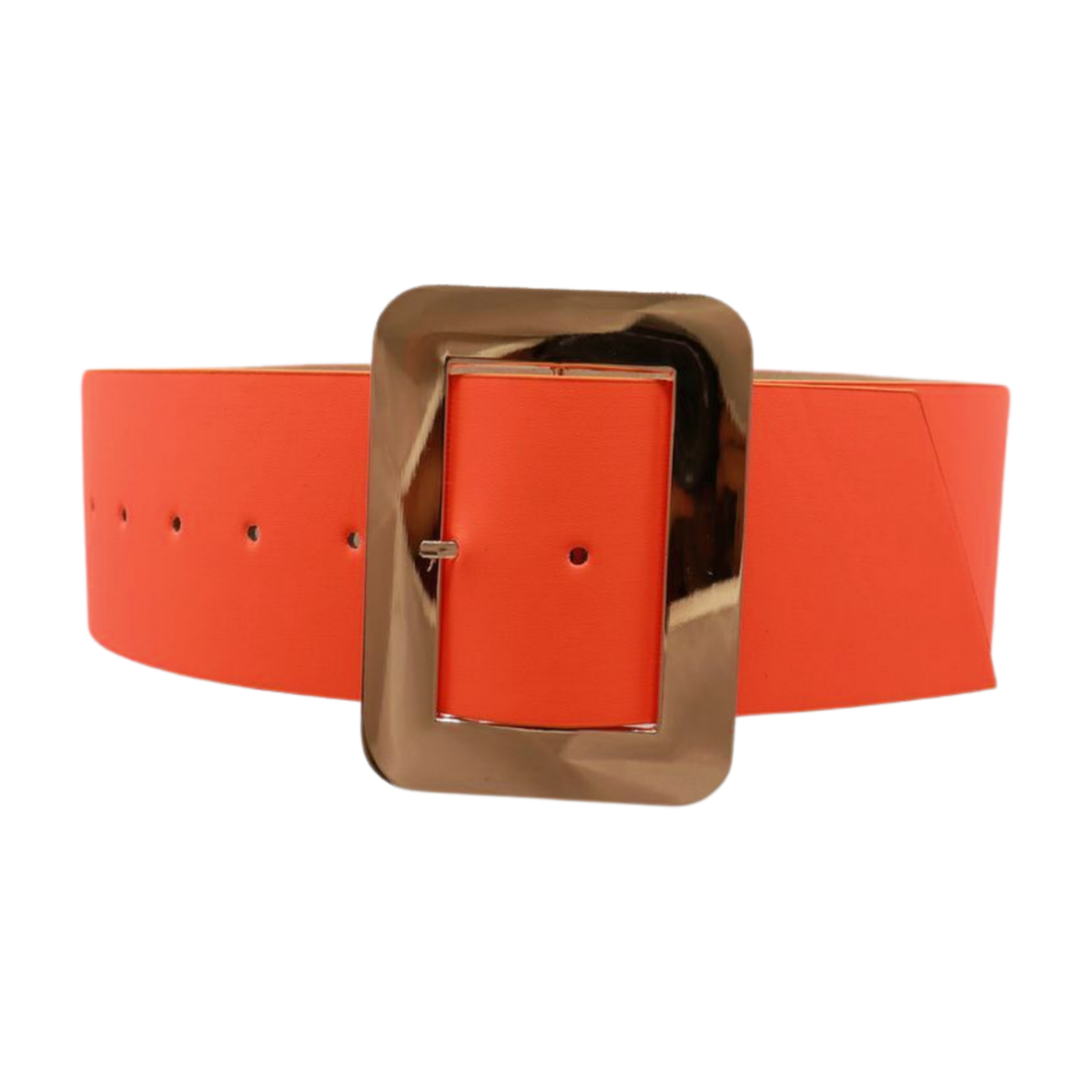 Women Wide Hip High Waist Belt Neon Orange Faux Leather Gold 