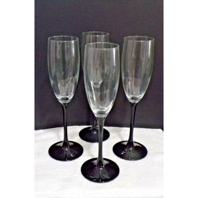 Vintage Domino Luminarc Flutes Wine Glasses 6 oz Black Stem to Clear Set of 4