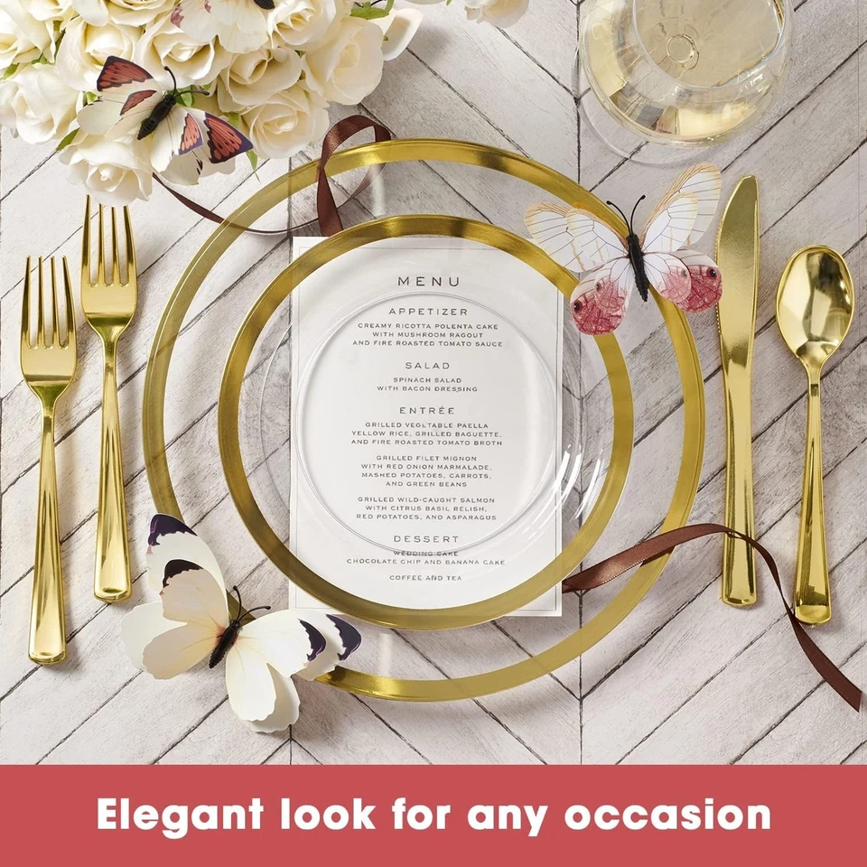 Juego de vajilla de peso pesado transparente y dorado para 25 invitados Foto 4 de 4