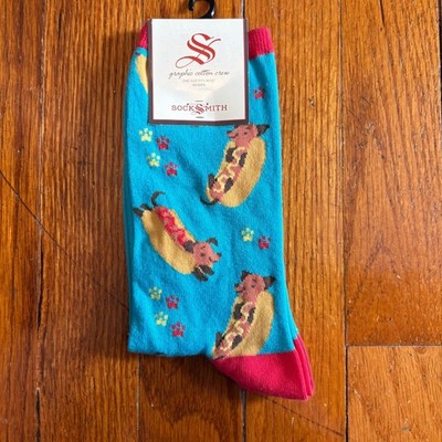 SockSmith Womens Graphic Cotton Crew Socks Hot Dog Wiener Dog Onesize Blue Red