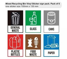 Pack of 6 Mixed Recycling Bin Vinyl Sticker sign pack, water proof