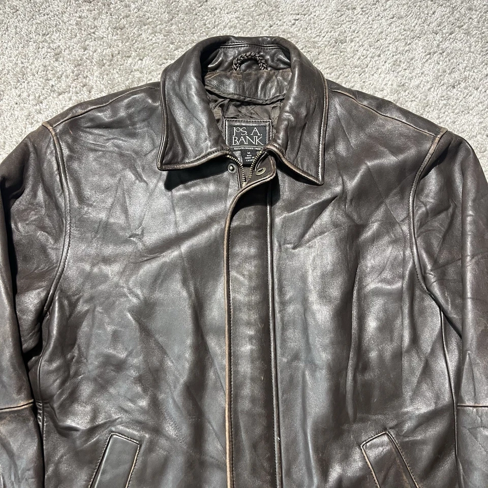 Vintage Jos A Bank Leather Bomber Full Zip Mens Medium Brown Soft Classic Y2K - Image 2 of 4