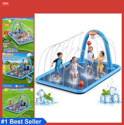 Splash Pad 110 Inch Extra Large Non-Slip Sprinkler Mat with Basketball Hoop for