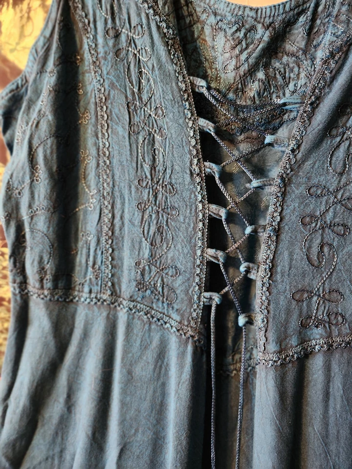 VTG 90s Boho Denim  Sleeveless Lace Up Corset Back Dress  - Image 2 of 4