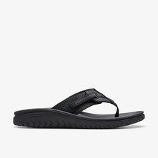 Clarks Mens Wesley Sun Black Leather Flip Flops Leather Sports