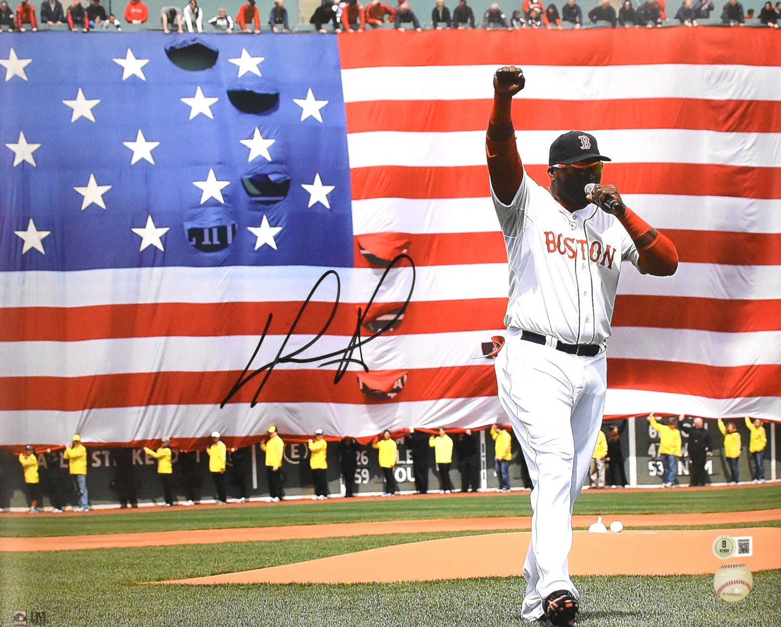 David Ortiz Autographed Signed Boston Red Sox 16x20 Flag Photo - Beckett W Hologram 