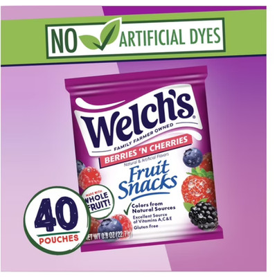 Welch's Fruit Snacks Gluten-Free Berries Cherries Kids Snacks, 0.8 oz, 40 Count